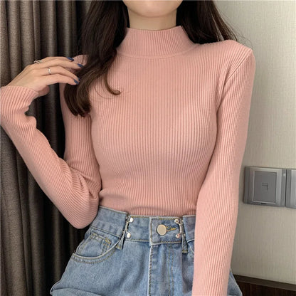 2026 Autumn Basic Bottoming Sweater Top Women Ribbed Soft Mock Neck Elastic Pullover Warm Solid Color Slim Jumper