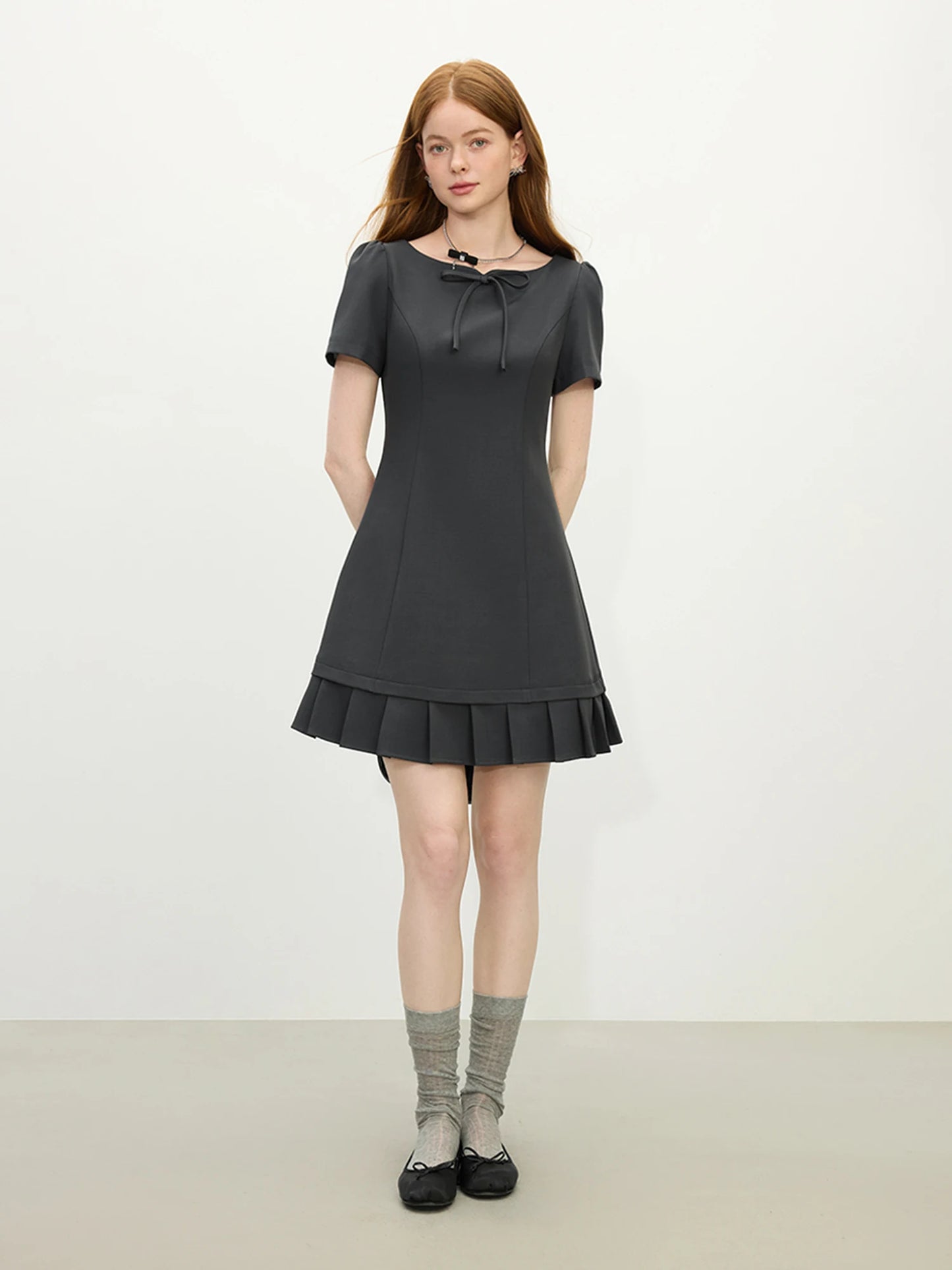 FSLE Women Summer Short Dress Patchwork Pleated Design Short Sleeve Mini Dress Solid Sweet Style Female Dress 25FS12062