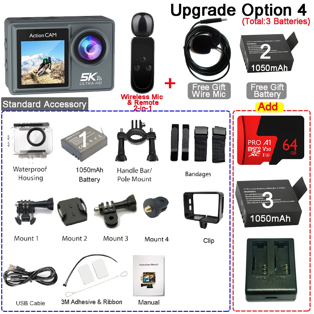 Action Camera 5K 4K60FPS Dual IPS Touch LCD EIS 170° 30M Waterproof 5X Zoom Sport Camera Optional Wireless Mic & Remote Control
