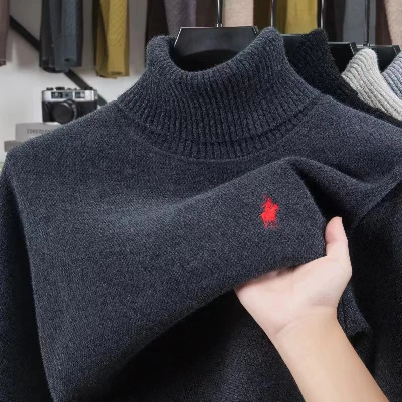 High end brand velvet sweater men's new fashion designer exquisite pony golf embroidery winter warm high neck knitted pullover
