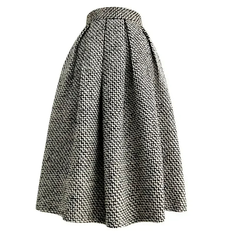 2025 New Fashion Tweed with Pocket Knee Length Skirt Winter Women Vintage Thickened High Waist Pleated A-Line Skirts Faldas