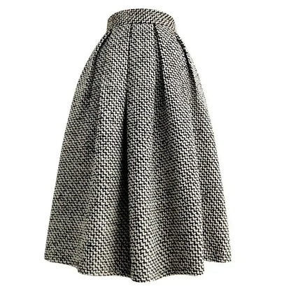 2025 New Fashion Tweed with Pocket Knee Length Skirt Winter Women Vintage Thickened High Waist Pleated A-Line Skirts Faldas