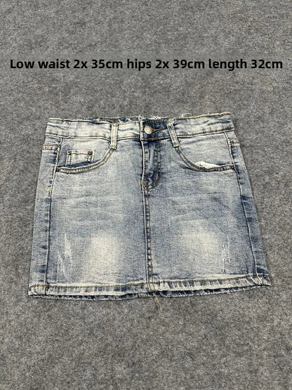 Sexy American Vintage Low Waist Denim  Skirt for Students Z4 Antiquing Y2K Trendy ort Skirt with Handmade Ripped And Fo...
