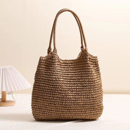 Fashion Straw Tote Bag Woven Solid Color Beach Bag Large Capacity Square Casual Shoulder Bag