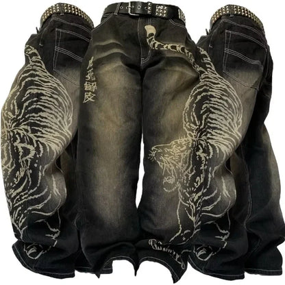 American New Fashion Old Washed Loose Jeans Women Y2K Hip Hop Harajuku Casual Joker Gothic High-waisted Wide-leg Trousers