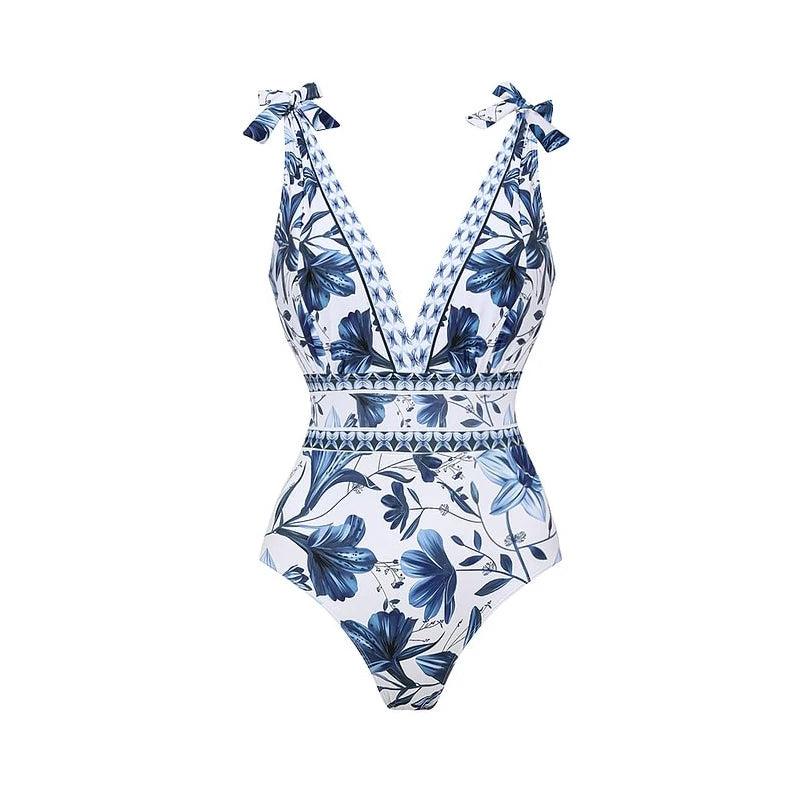 Flaxmaker Summer New Women Sexy Hawaiian Lace Up V Neck Ruffle Swimsuit and Sarong Women Swimwear Set Push Up Bathing Suit