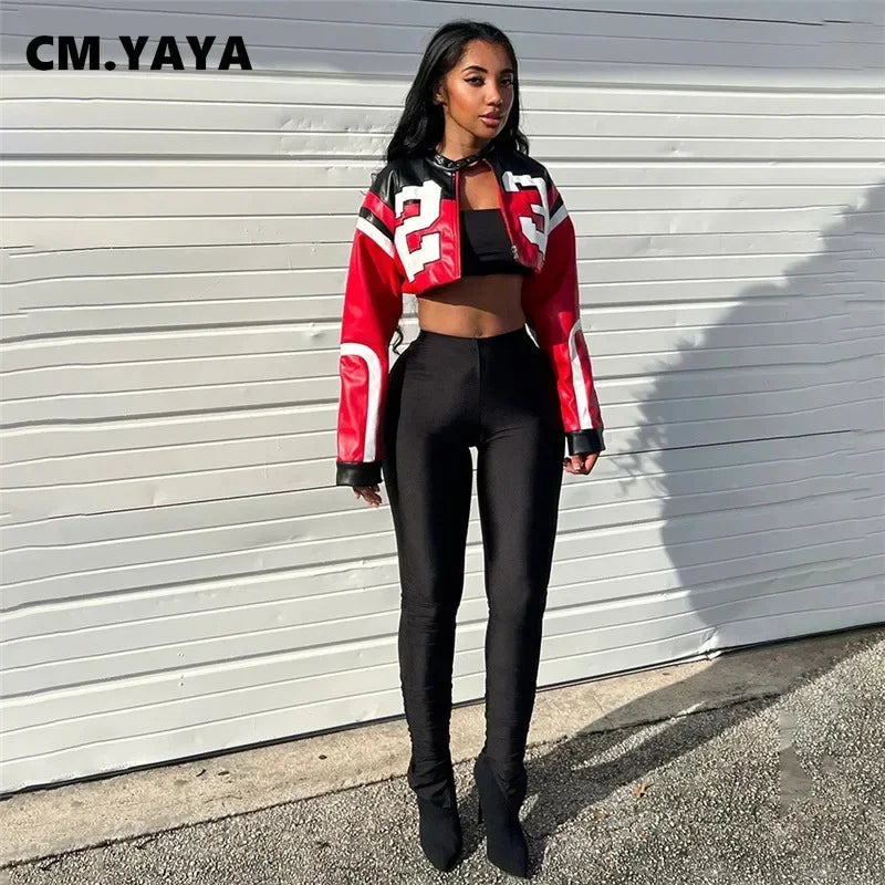 CM.YAYA Women Fashion Letter Printed Patchwork Zipper Fly Moto and Biker Style Faux Leather PU Jackets