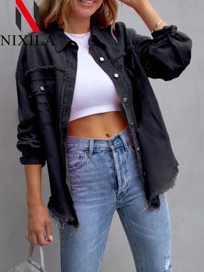 Spring Autumn Denim Women's Jacket Rough Selvedge Ripped Loose Fit Long Sleeve Korean Fashion Female Top