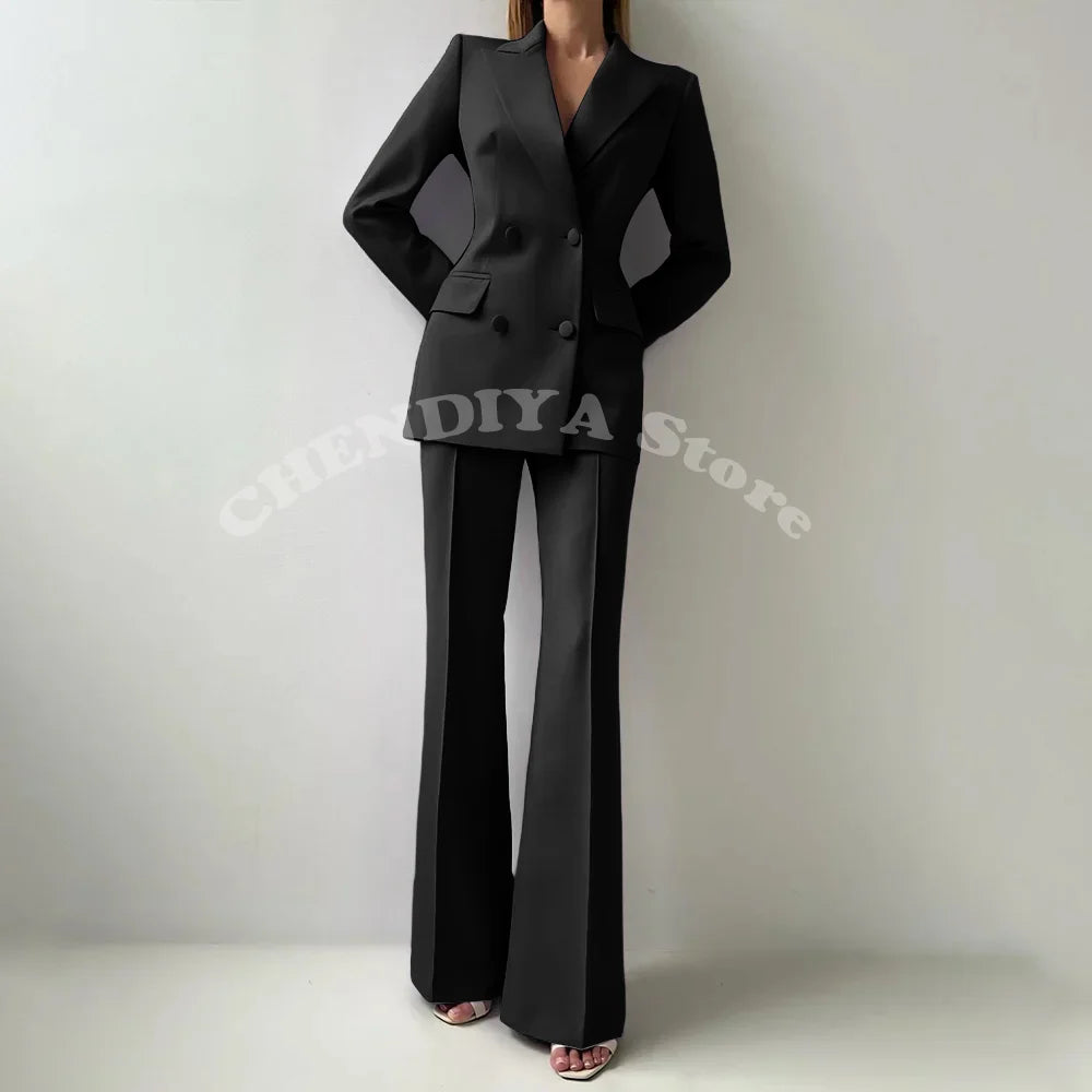Women Suits Sets 2 Piece Elegant Peak Lapel Double Breasted Outfits Fashion Daily Casual Chic Female Suit (Jacket+Pants)