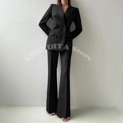 Women Suits Sets 2 Piece Elegant Peak Lapel Double Breasted Outfits Fashion Daily Casual Chic Female Suit (Jacket+Pants)