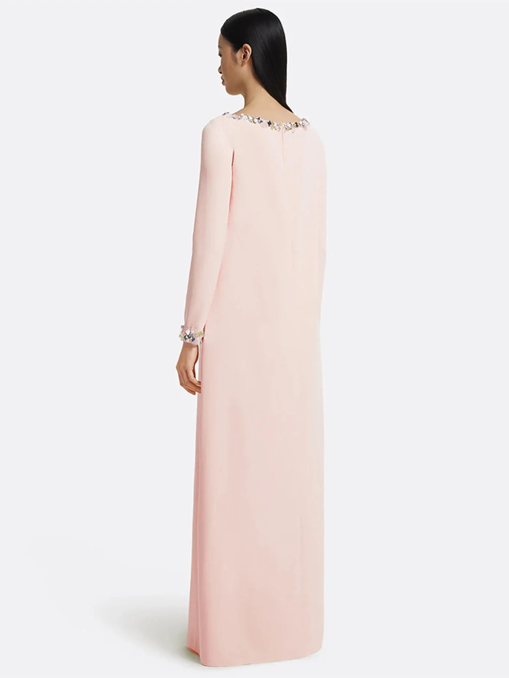 Modphy Loose Solid Crystal Bead Elegant Chic Dresses For Women Round Neck Long Sleeve Solid Long Maxi Dress Female