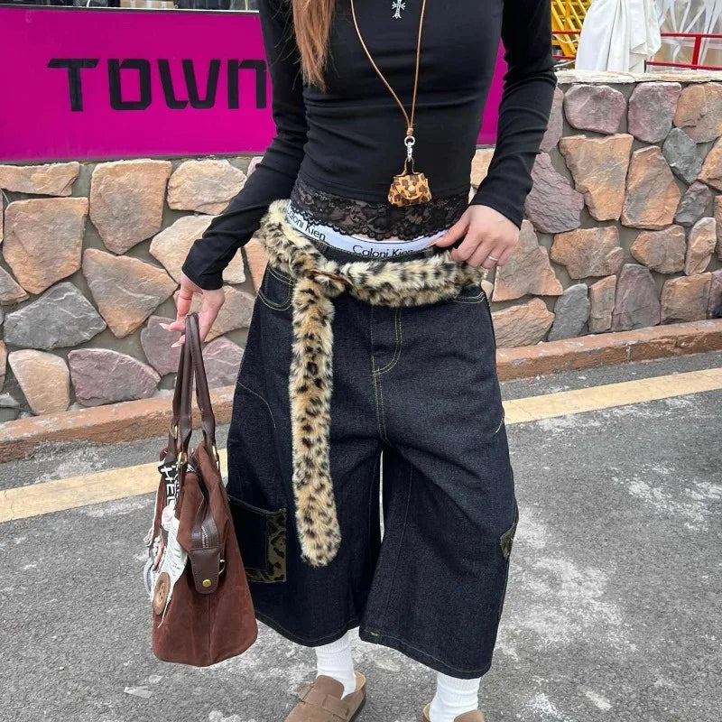 New Y2k European and American Hip-hop Leopard Print Patchwork Jeans for Women Large Pocket Straight Wide Leg Loose Cropped Pants