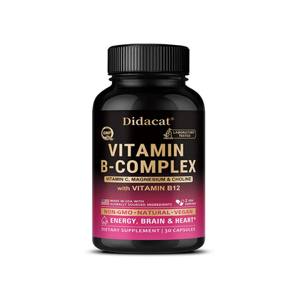 Vitamin B Complex for Men & Women - Riboflavin B2,B12,B1,B3,B5,B6,B7,B8,B9,Vitamin C, Choline, Inositol - Brain & Heart Support