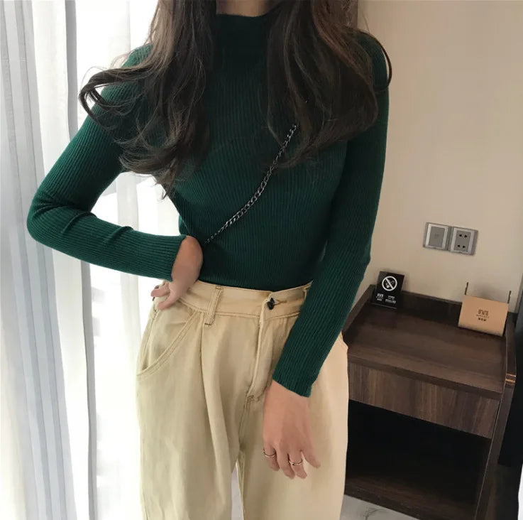 2026 Autumn Basic Bottoming Sweater Top Women Ribbed Soft Mock Neck Elastic Pullover Warm Solid Color Slim Jumper