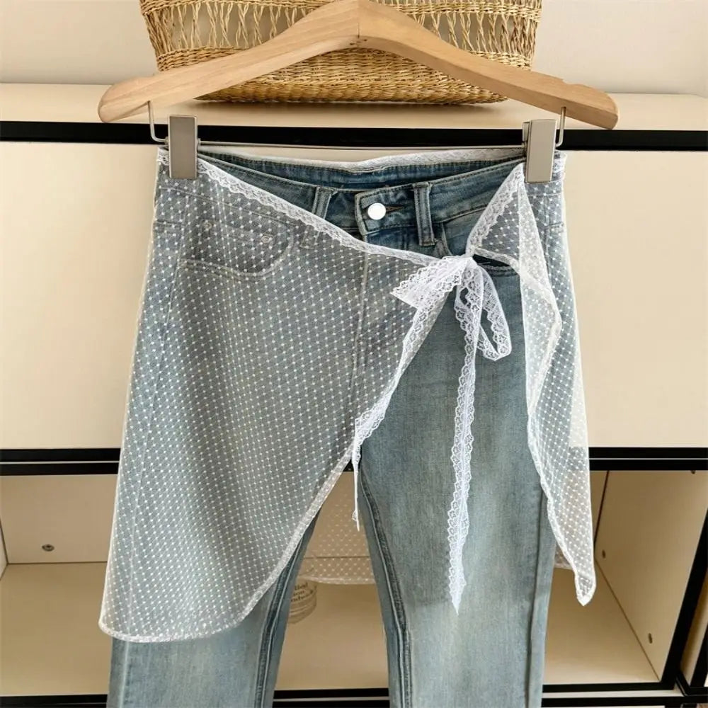 Korean Fashion Floral Skirt Spring Summer Korean Version Unique Lace Layered Gauze Skirt with Tie Up Spicy Girl Apron Streetwear
