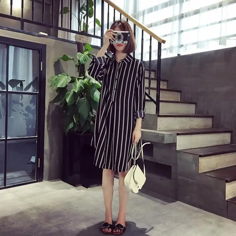 Long Sleeve Striped Printed Shirt Dress Female 2023 Simple All-match Turn-down Collar Fashion Chiffon Dresses Women's Clothing