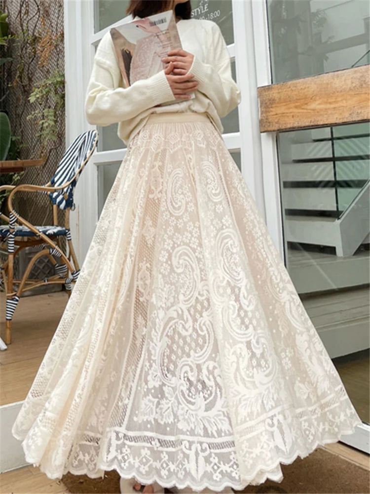 REALEFT Vintage Women's Lace Crochet Umbrella Long Skirts Bohemian High Waist Hollow Out Female Maxi Skirts Spring Summer