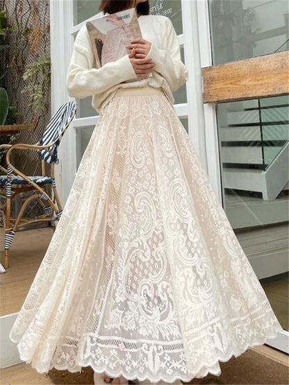 REALEFT Vintage Women's Lace Crochet Umbrella Long Skirts Bohemian High Waist Hollow Out Female Maxi Skirts Spring Summer