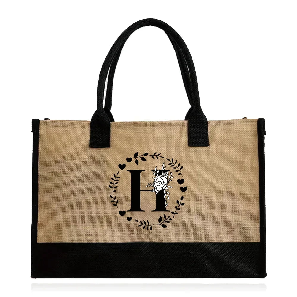 Shopping Bag Burlap Tote Bag Jute Bags Lightweight Handbag Portable LargeCapacity Women Grocery Organizer Garland Letter Pattern