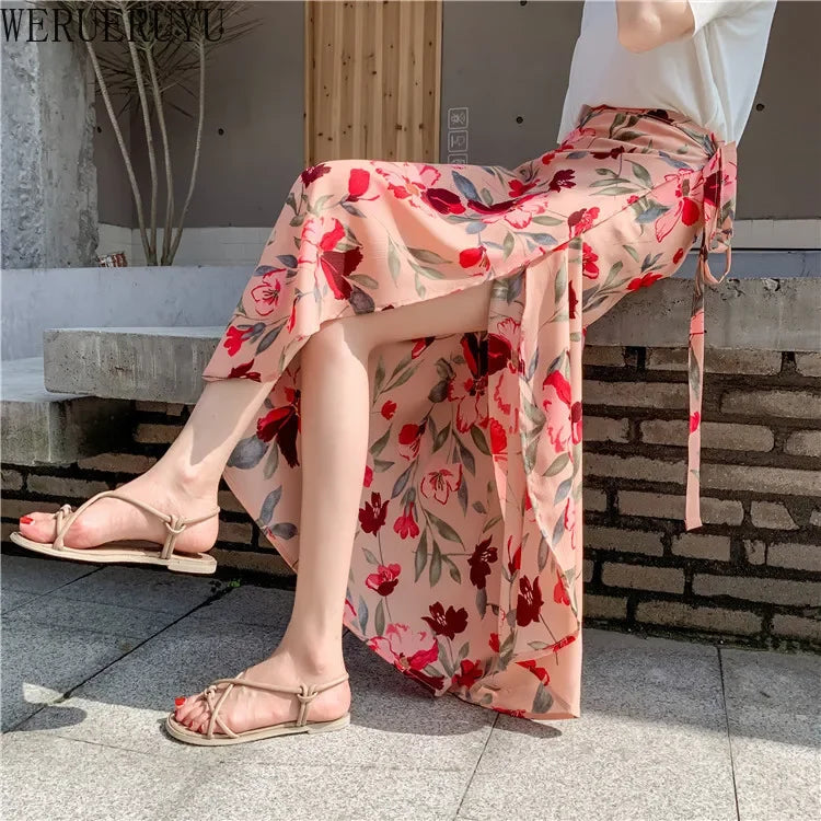 WERUERUYU Wrap Skirts Women Casual Chiffon Tie-Waist Ruffle Wide Leg Loose