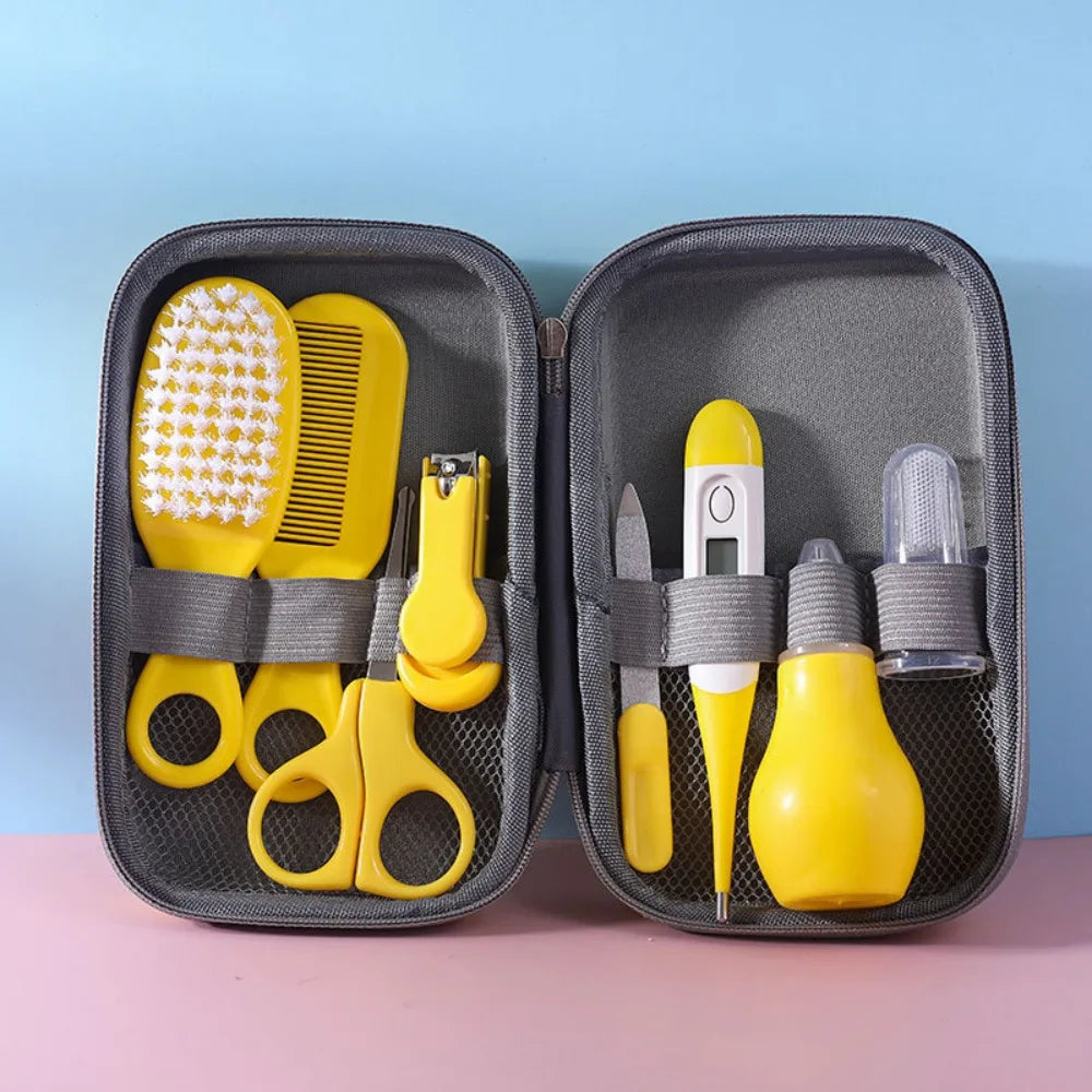 8pcs EVA Bag Baby Health Care Kit Soft Bristle Brush Material Safety Newborn Grooming Kit Nail Clippers Comb Thermometer