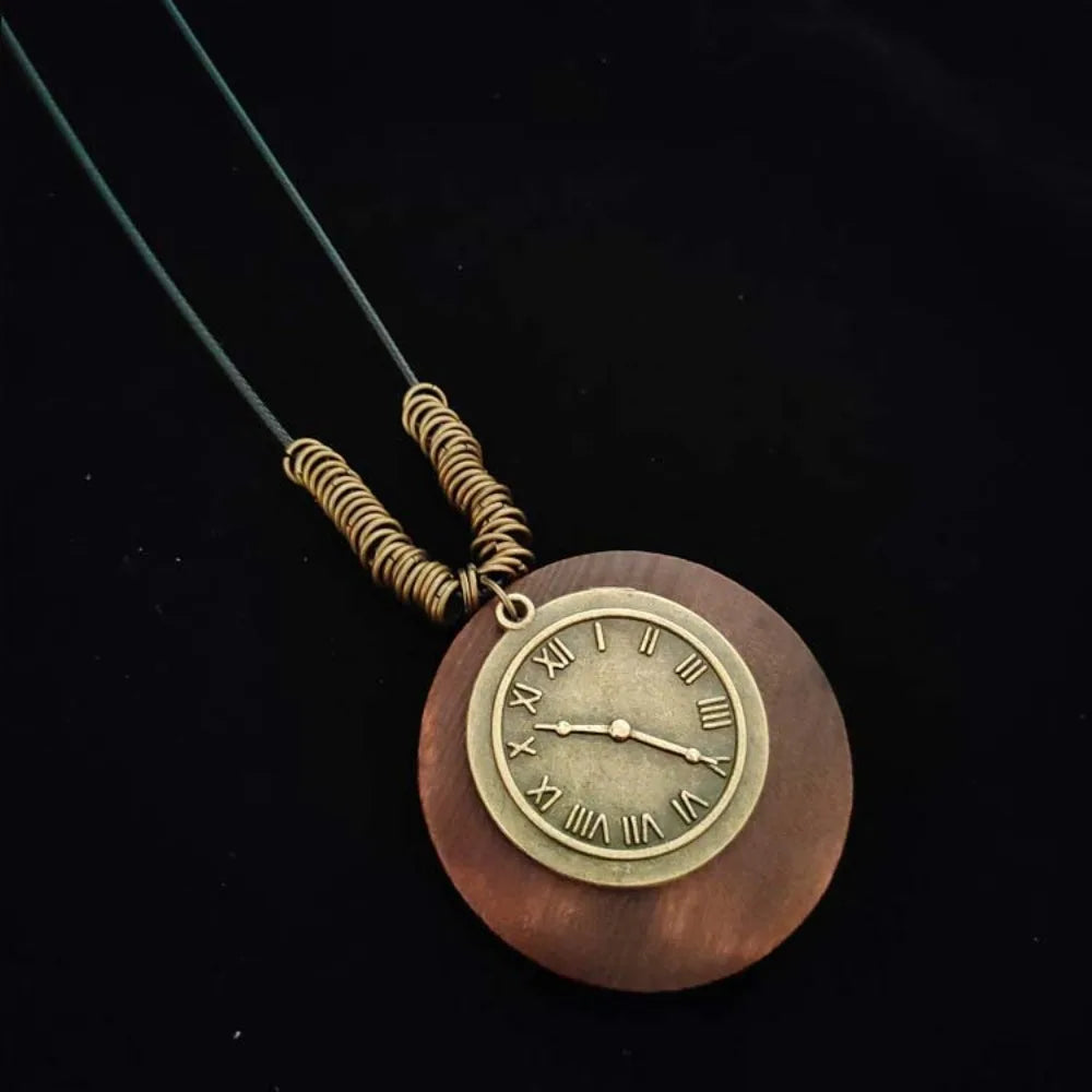 Retro Ethnic Round Wooden Leaf Owl Long Sweater Chain Necklace Women Vintage Clock Pendant Female Jewelry Neck Accessories Gifts