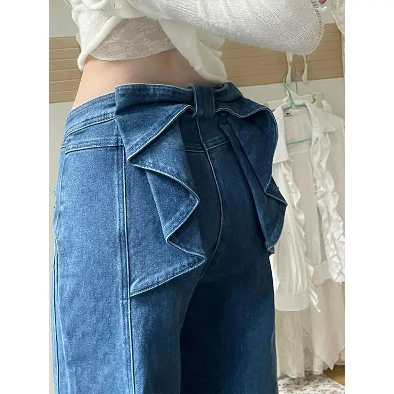 Denim Pant Jeans Women Wide Leg Long Pants High Waist Bow Straight Trousers Y2k Streetwear Casual Party Elegant Work Mom 2025