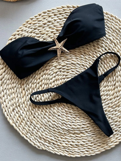 New Metal Star Bandeau High Cut Thong Bikini Women Swimwear Female Swimsuit Two-pieces Bikini set Bather Bathing Suit Swim V6422