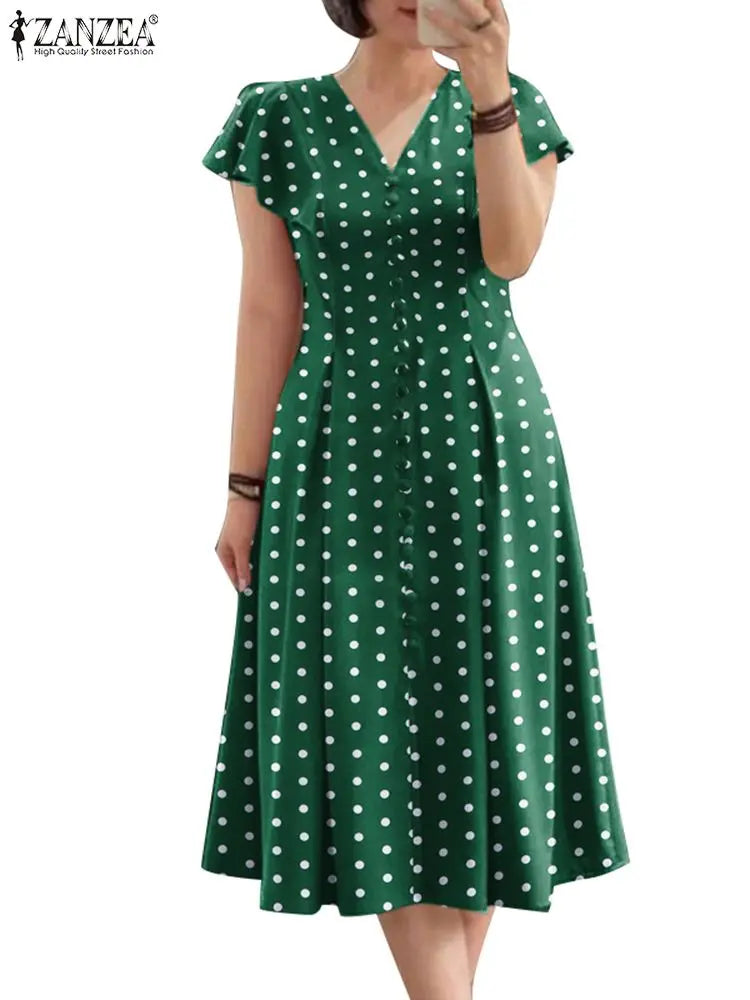 ZANZEA Elegant Women Midi Dresses 2024 Fashion Ruffle Sleeve Polka Dots A-line Vestidos Casual V Neck Commute Party Robes Femme