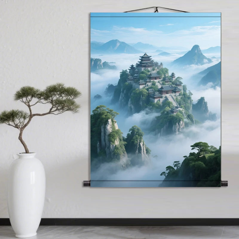 Landscape Painting, Living Room Corridor Background Wall Silk Scroll Painting Aesthetic Room Decor Wall Decoration Tapestry