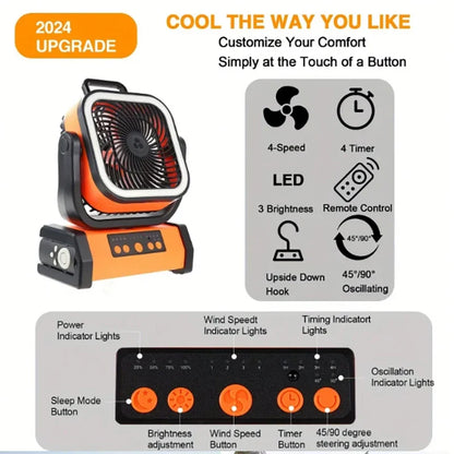 Portable Outdoor Electric Fan with LED Light, 10000mah Battery, USB Charging, Camping Fan with Hook, Ideal for Hiking, Fishing,