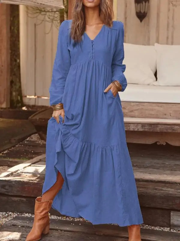 Cotton Linen Women Long Dress 2023 New Loose Fashion V-Neck Casual Solid Long Sleeve A-Line Sexy Dresses Elegant Ruffles Vestido