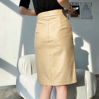 Lambskin Skirt for Women Commuting OL Simplified Vertical Cut 100% Leather Front Split Jupe Mujer Pockets Black Wrap Midi Skirt
