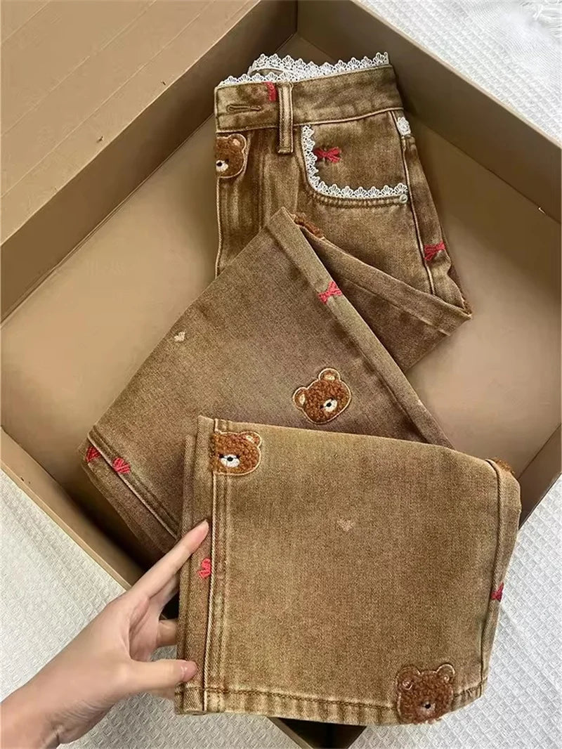 High Waist Patchwork Lace Straight Jeans Spring Embroidery Dog Denim Trousers Women Slim Pipe Pants Cowboy runway Ladies