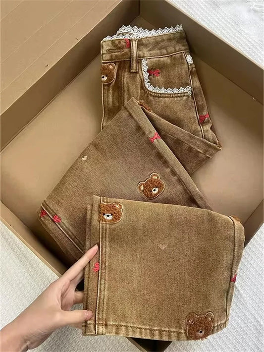 High Waist Patchwork Lace Straight Jeans Spring Embroidery Dog Denim Trousers Women Slim Pipe Pants Cowboy runway Ladies