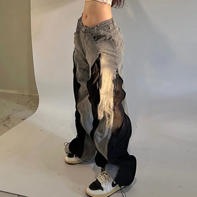 American Y2K Street Color Stitching Washed Jeans Female Y2K Harajuku Hip Hop Popular Baggy Slim Spice Girl Wide-leg Mop Pants