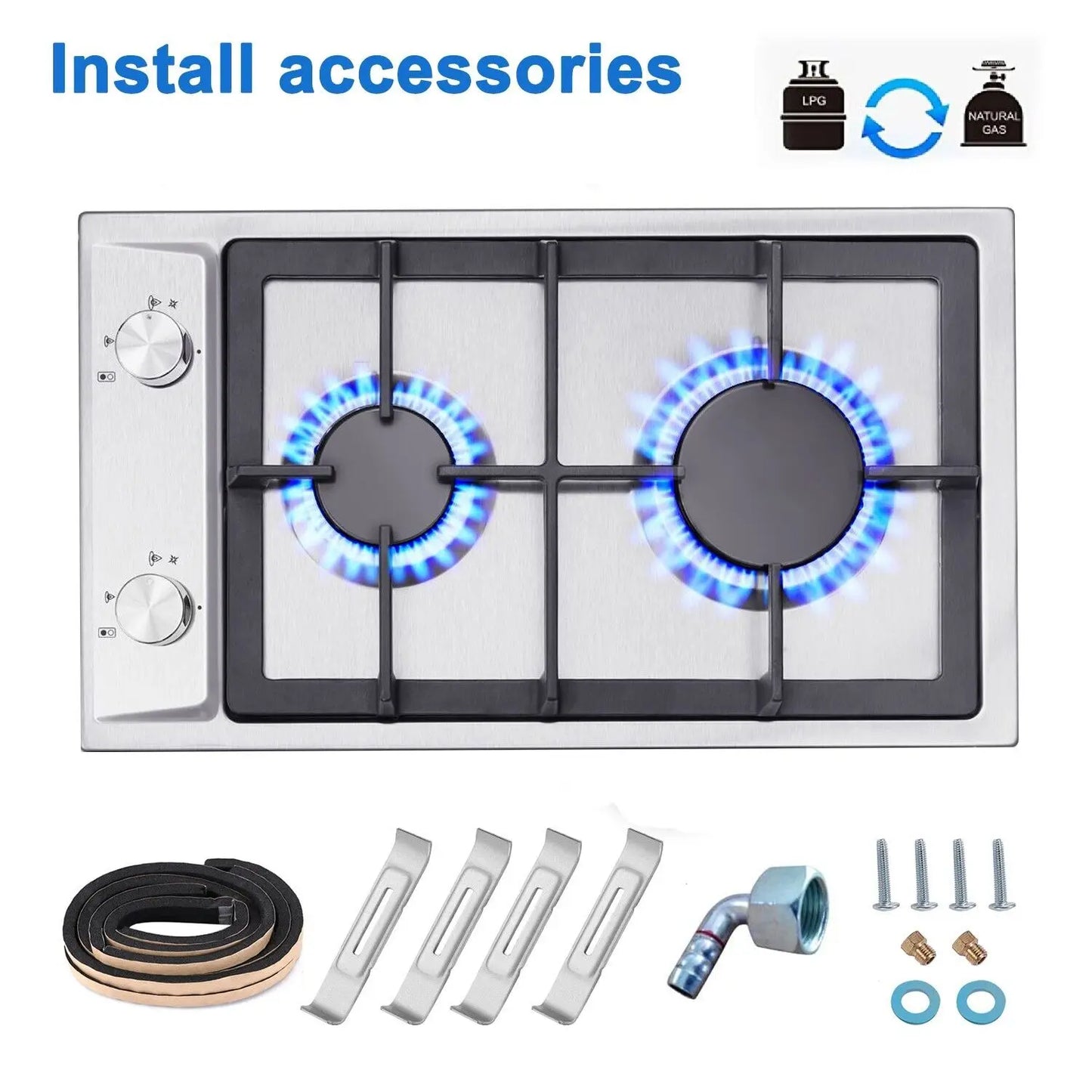 TopStrong 2 Burner 30cm Stainless Steel Kitchen Cast Iron Pan Support Built in NG/LPG Convertible Gas Hob YYUKGCT-S02