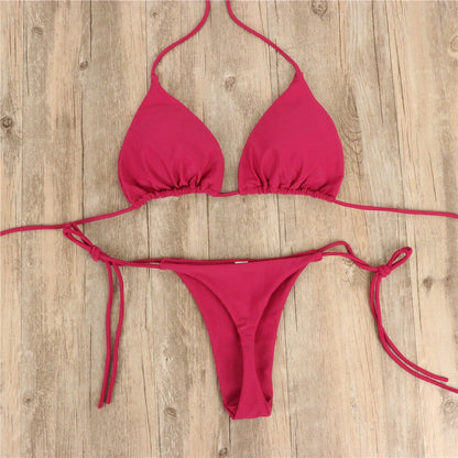 Women Thong Bikini Set Side Tie Sexy Swimsuit Bandage Style Swimwear Swimming Accessories Red/Blue/Black/White/Wine Red/Pink
