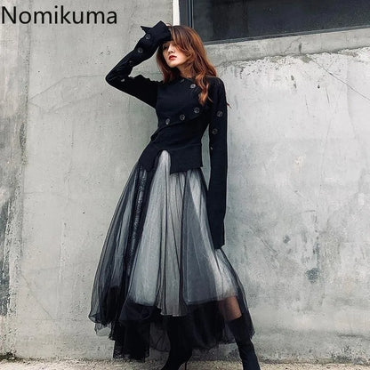 Harajuku Punk Long Skirts for Women Patchwork Gauze Chic Jupe 2025 Faldas Mujer De Moda Japanese Lace A-line Streetwear Skirt