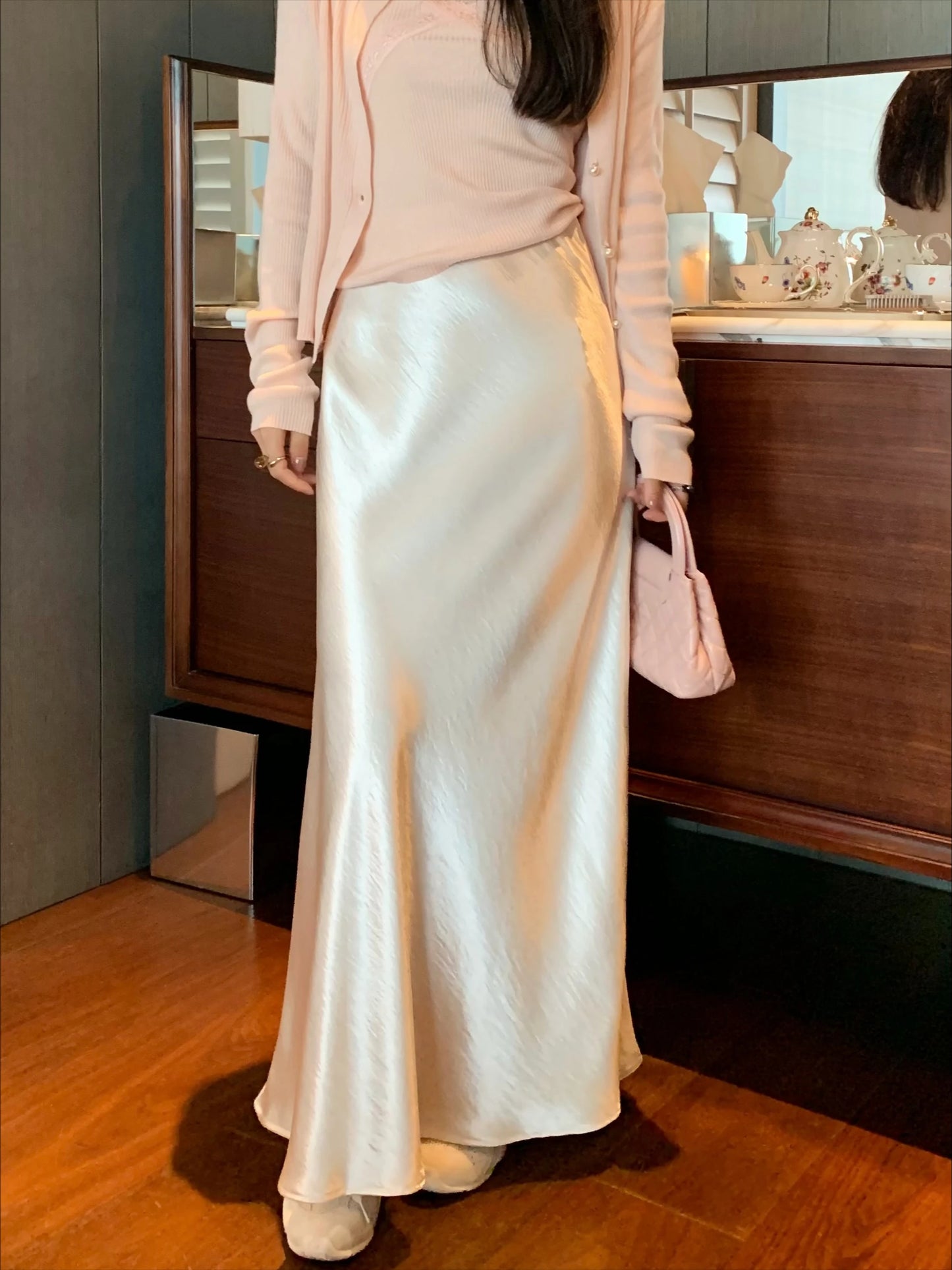 Spring Women's Long Skirts High-waist Luxury Satin Fishtail Skirt Ladies Elegant Loose Solid Gray Black A-line Skirts for Women