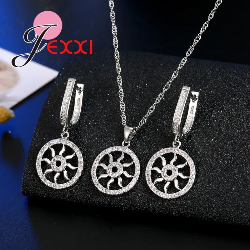 Fine 925 Sterling Silver  Brand Jewelry Set for Wedding Engagement Fashion Round Hollow Pendant Necklace Earring Sets