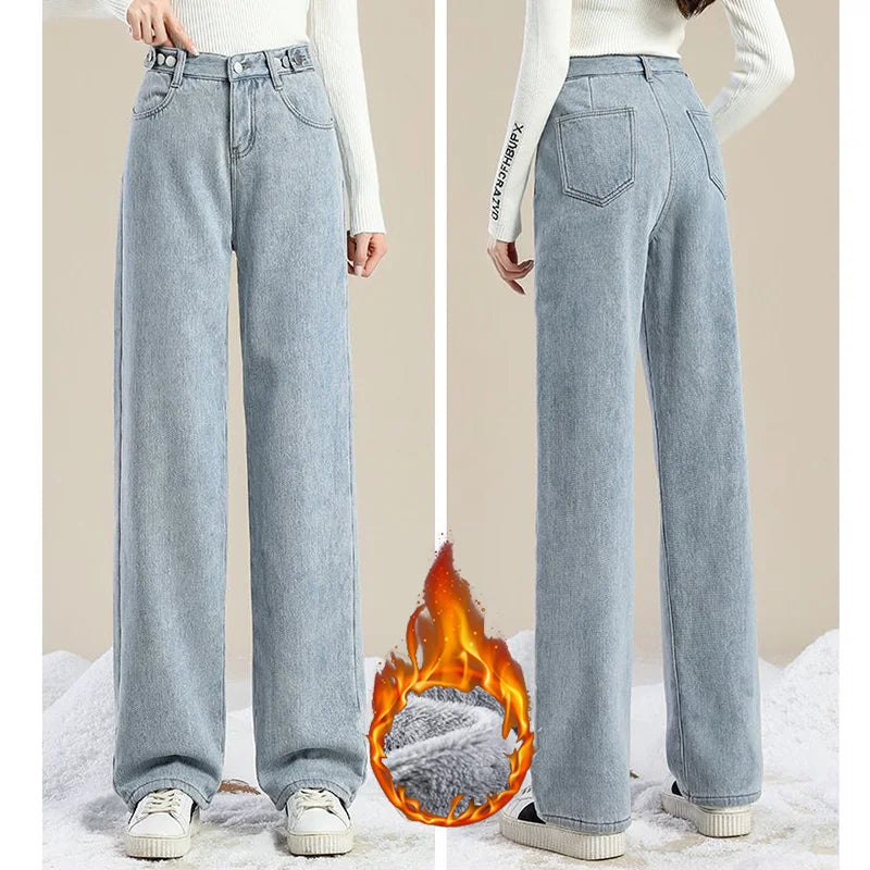 Winter Lady Solid Plush Thermal High Waist Jeans Girls Snow Warm Fleece Denim Pants Women Baggy Straight Leg Casual Trousers