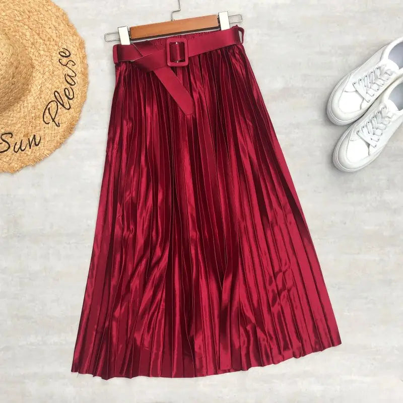 Seoulish 2025 New Solid Elegant Stain Women's Pleated Skirts with Belted High Waist Skirts Mi-long Umbrella Skirt Spring Summer