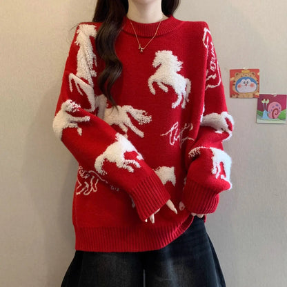 Couple red sweater men's and women's new birth year autumn and winter Chinese New Year  Horse thickened knitted sweater jacket