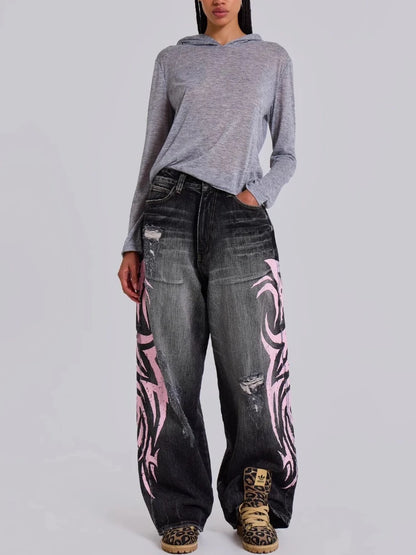 Y2k Vintage Gothic Punk Jeans Women Harajuku Print Grunge Baggy Denim Trousers Punk Hip Hop Black Streetwear Wide Leg Jeans