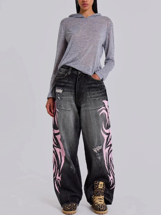 Y2k Vintage Gothic Punk Jeans Women Harajuku Print Grunge Baggy Denim Trousers Punk Hip Hop Black Streetwear Wide Leg Jeans