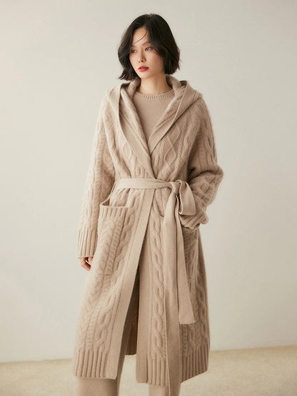 Luxury Women's Autumn Winter 100% Cashmere Sweater Knit Cardigan Thicked Hooded Casual Style Raglan Sleeves Knitted Lace Up Coat