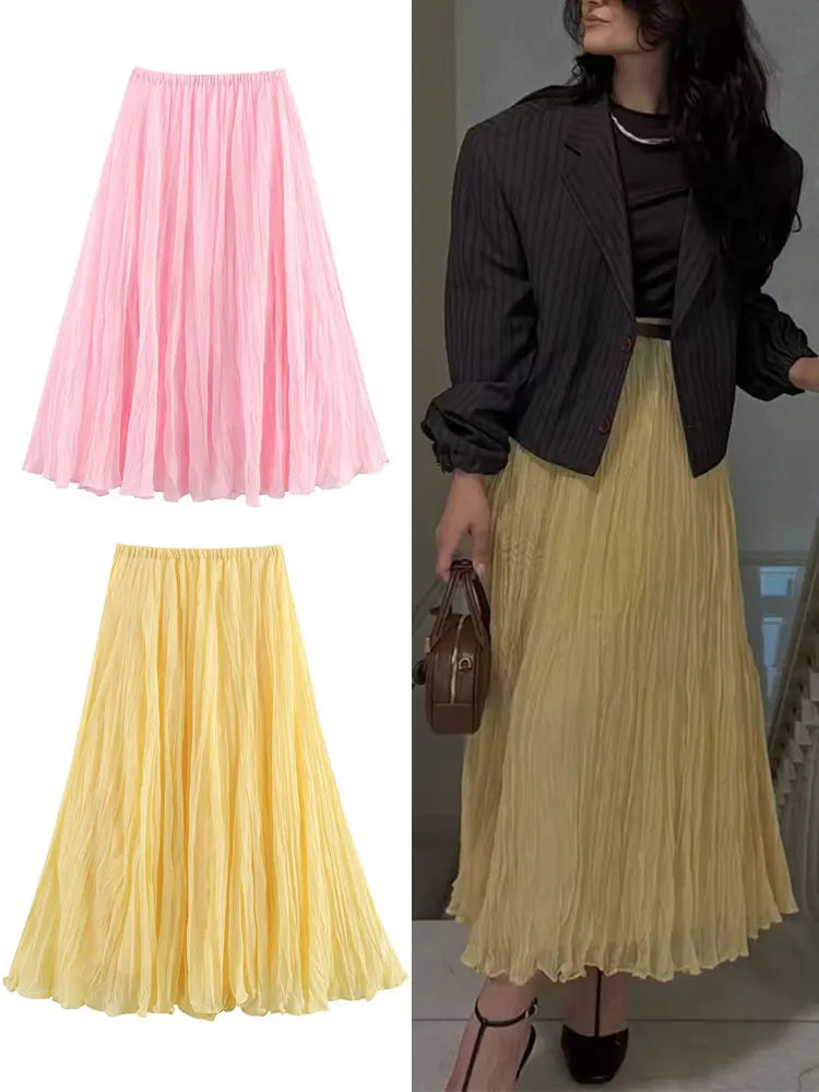 HH Women Elegant Yellow Pleated Long Skirts Elastic Waist Loose Casual High Waist Skirt Female A-Line Solid Tulle Skirt