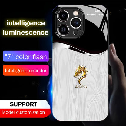 Wood Grain Dragon Emblem Sound Control LED Flash Cases Luminous Glass Cover For XiaoMi 15 14 13 12 11 Pro Ultra