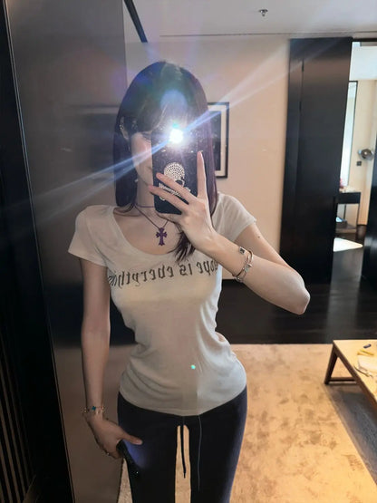 Women T Shirt 2025 Summer New Round Neck Letter T-shirts Casual Slim Fit Waist Spicy Girl Printed Short Sleeved Top